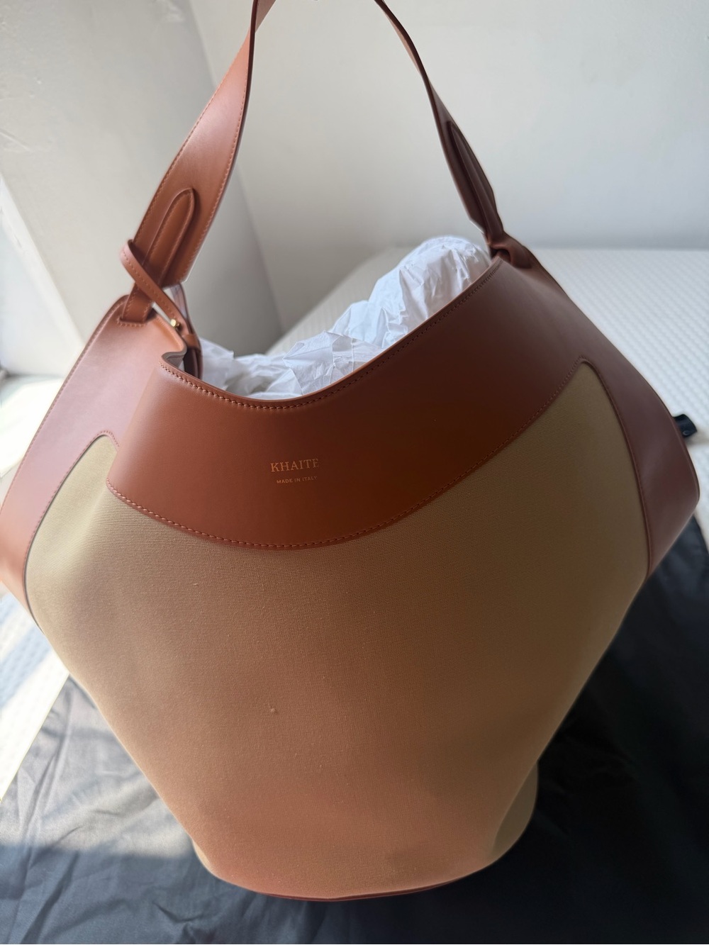 NEW KHAITE Medium Lotus Tote Honey Tan Leather Canvas Shoulder Bag purse $2700 - Picture 11 of 14